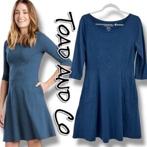 Toad&Co Faro Dress Blue Organic Cotton Fit & Flare 3/4 Sleeves Womens Sz Small